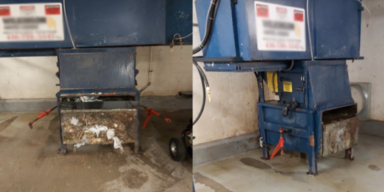 Before and after photo of a trash compactor in a large building